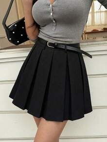 EARO Chic Women's Black Fabric Mini Skirt With Belt, Non-Stretch, Casual Stylish Outfit For Summer - Black - View 1