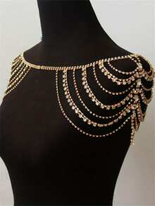 波西米亚风多层流苏水晶肩链，新娘婚纱首饰配饰 - 金色 - 查看 3