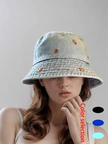1顶女士可爱休闲Y2K风格时尚做旧水果雏菊刺绣牛仔布渔夫帽，适合外出、海滩、日常穿着 - 刺繡 - 查看 1