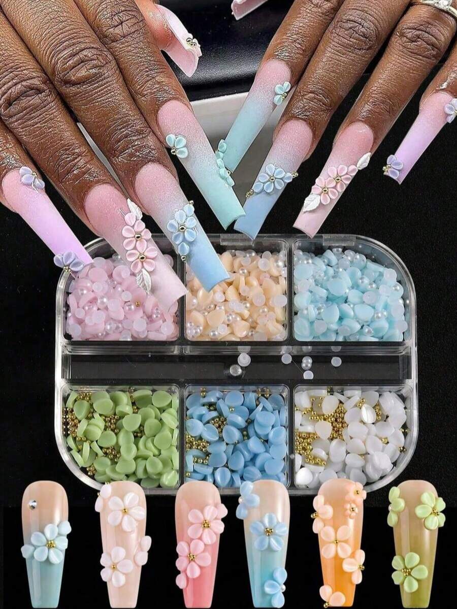 6 Compartimentos Decoraciones de arte de uñas de flores 3D de acrílico, Flores coloridas DIY Nail Charm Mezclado con cuentas de acero, perlas, gemas Suministros de arte de uñas de flores DIY Piezas Accesorios para uñas - Multicolor - Ver 1