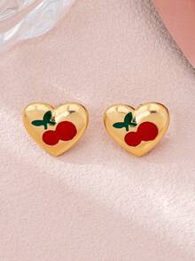 1 Pair Minimalist Elegant Chic Refined Oil Drop Cherry Heart Earrings For Women - Yellow Gold - View 2