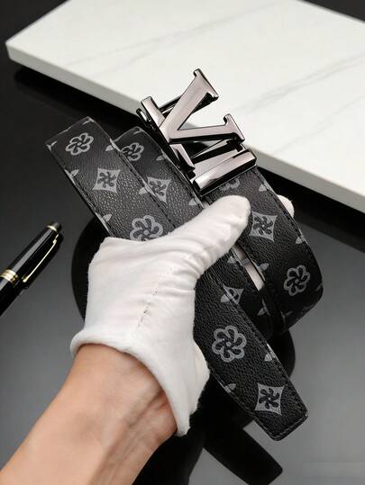 1条男士自动扣皮带，个性化V字母和波西米亚风花卉印花，休闲正装皮带，适合工作、居家、聚会、旅行等场合，长度120厘米