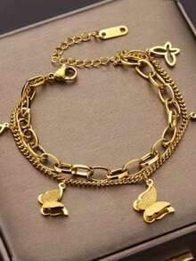 Braccialetto compatto e minimalista multifunzione, con cerniera vintage in oro, decorazione a catena con farfalla 3D, adatto per uso quotidiano delle donne, senza confezione inclusa - Multicolore 2 - Visualizzare 3