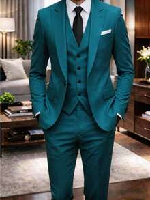 Men's Slim Fit White 3pcs Suit Notch Lapel Formal Suit Set Blazer Vest Pants For Wedding Guest Graduation Party - Hồ Xanh - Xem 1