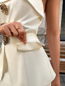 Women's Elegant And Sexy Spring/Summer Two Pieces Set - Apricot Chest Top With Metal Buttons And Skirt, Suitable For Office Commuting, Graduation, And Business Leisure, Office Style Set, Women's Business Leisure Set, Date, Birthday Party, Women's Elegant And Sexy Strapless Top And Skirt Two Pieces Set - Apricot - View 6