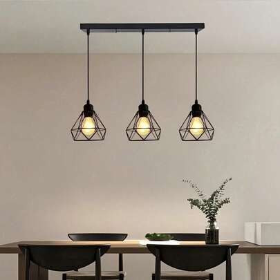 1pc Modern Minimalist Industrial Style 3-Head Diamond Iron Pendant Light, E27 Socket, Hard-Wired Connection, Suitable For Dining Room, Bar, Bedroom, Study, Living Room, Creative Hanging Lamp, Staircase Lighting, Excludes Bulb