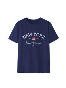 3pcs/Set Summer New Minimalist American Letter Design Graphic Print Casual Round Neck Short Sleeve T-Shirt, Fashionable & Versatile Women Tops - Navy Blue, Pink, and Apricot - View 2