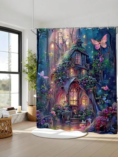 1/4pcs Magic Forest Castle Pattern Printed, Water-Resistant Home Bathroom Curtain Set, Includes Shower Curtain, Hooks, Anti-Slip Mat, U-Shaped Mat, And Toilet Seat Cover, Thick Polyester Waterproof And Mildew-Proof