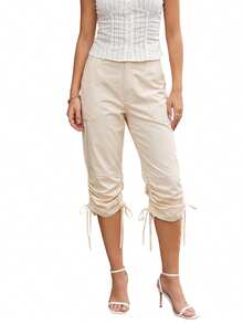 Drawstring Cuff Slim Capri Pants, Y2K Solid Color Cropped Trousers, Women Spring Summer Daily Bottoms - Khaki - View 9