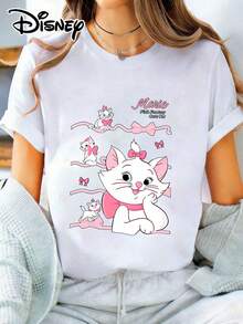The Marie Pink Kitty Graphic Print Women's Round Neck Short Sleeve Relaxed Fit Summer Cotton Tee Casual Top Is Perfect For Taking Photos At Disneyland, As A Travel Souvenir, For Everyday Casual Wear, Or For Matching Family Outfits. It Also Makes An Ideal Valentine's Day Gift For Friends And Family. This Women's Clothing, A New Spring Style, Is Comfortable And Skin-Friendly, Suitable For Outdoor Wear. - Vitt - Visa 1