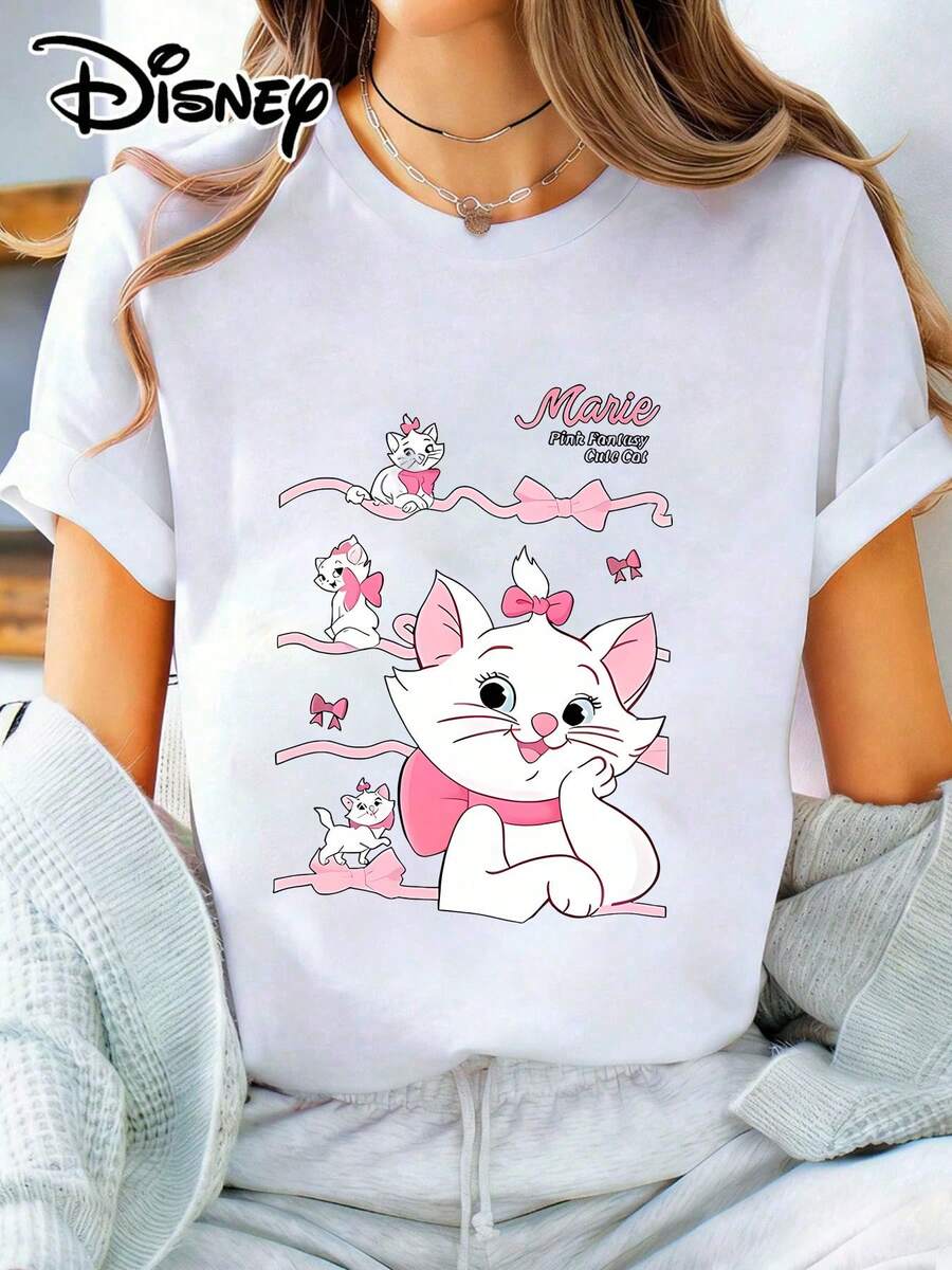 The Marie Pink Kitty Graphic Print Women's Round Neck Short Sleeve Relaxed Fit Summer Cotton Tee Casual Top Is Perfect For Taking Photos At Disneyland, As A Travel Souvenir, For Everyday Casual Wear, Or For Matching Family Outfits. It Also Makes An Ideal Valentine's Day Gift For Friends And Family. This Women's Clothing, A New Spring Style, Is Comfortable And Skin-Friendly, Suitable For Outdoor Wear. - Vitt - Visa 1