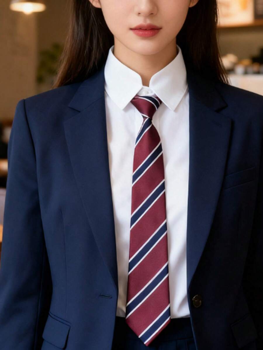 1条女士条纹领带,休闲学院风领带,适合万圣节装扮,酒红色,毕业礼服,节日佩戴 - 酒紅色 - 查看 1