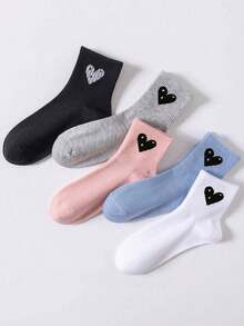 5双装女士可爱爱心图案透气针织中筒袜，春夏百搭，学院风 - 彩色 - 查看 4