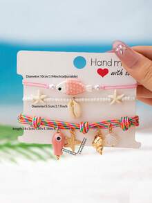 Summer Vacation Colorful Bohemian Style Coral Shell Star Pendant Decor Braided Bracelet Set, Ocean Theme Beach Surfing Wax Cord Bracelet Anklet Set, Bohemian Style Surfing Women Anklet Set - Multicolor - View 8