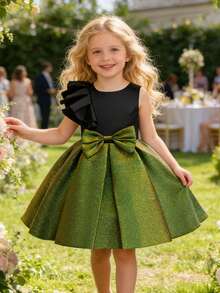 EHOMKIDS Girls' Ruffled Hem Sleeveless Princess Party Dress, Shiny Fabric, Toddler & Big Young Girl Color Block Knee-Length Dress - Green - View 7