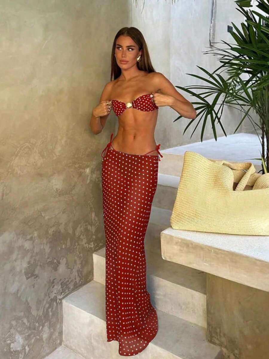Elegant & Sexy Polka Dot Print 3-Piece Bikini Swimsuit For Women, Random Floral Print - 紅色 - 查看 1