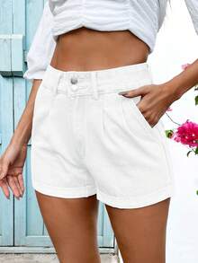 Quần short denim nữ Mobula Sound# mùa hè đa năng, phong cách thường ngày, thích hợp cho lễ hội âm nhạc, kỳ nghỉ, thiết kế khóa đôi giúp thon gọn và kéo dài chân, có gấu quần xắn lên, màu trắng. - trắng - Xem 3