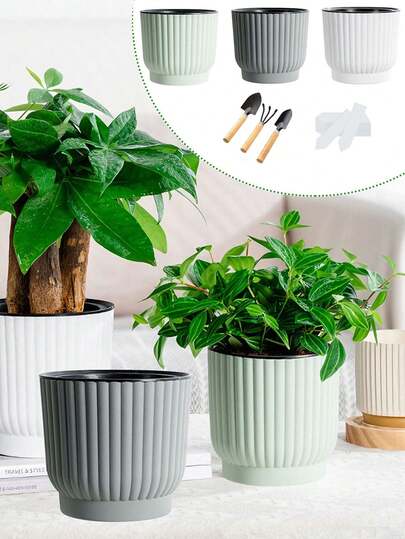 1 Set 3 Pcs Self-Watering Flower Pots With 15 Pcs Plant Labels And 3 Pcs Garden Tools Durable White Green Grey Garden Planter With Self-Watering Rope Easy-Care Automatic Watering Design For Indoor Outdoor Plants Home Bedroom Garden Decor