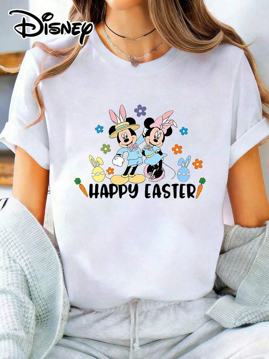 The Disney Women's Easter Celebration T-Shirt Featuring Mickey & Minnie Is A Short-Sleeved, Regular-Fit, Cotton Casual Top Perfect For Photos At Disneyland, As A Travel Souvenir, For Everyday Casual Wear, Or For Matching Family Outfits. It Also Makes An Ideal Valentine's Day Gift For Friends And Family. This Women's Clothing Is A New Spring Style, Comfortable And Skin-Friendly, Suitable For Outdoor Wear. - White - View 1