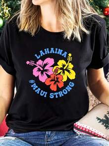 100% CottonAlgodón Camiseta Informal Con Estampado Floral Para Mujer, Manga Corta, Cuello Redondo, Corte Holgado, % Algodón. - Negro - Ver 6