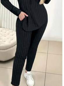 Women's Casual Solid Color Sweatshirt And Pants Set With Drawstring - Autumn Style - 黑色 - 查看 2