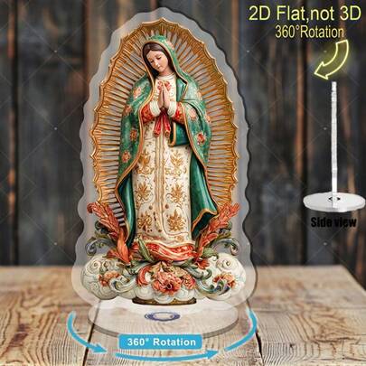 2D平面 - 360°旋转亚克力祭坛装饰，带光环和精致叶片，室内/室外宗教装饰，适合家居、教堂或作为圣诞节、万圣节、复活节、感恩节的礼物 - 可收藏的天主教圣人雕像、圣母玛利亚雕像、卡门圣母树脂雕像、圣母玛利亚/批量图像、雕像、家居装饰、客厅装饰、公寓装饰、雕像办公桌配件、办公桌配件、办公用品、办公装饰