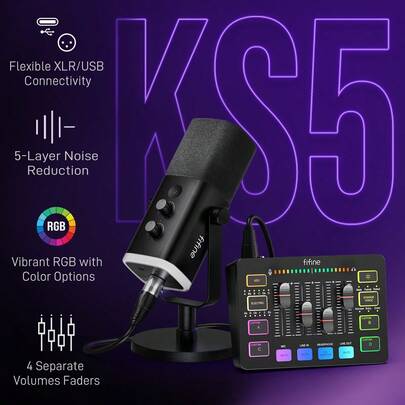  Podcast Sound Card Recording Studio Kit, Equipped With Dynamic XLR/USB Gaming Microphone, USB/XLR Microphone Set With Volume Slider/XLR Interface, Suitable For PC Gaming, Recording, Video, Vocals - Ampligame - FIFINE KS5