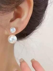 1 Pair Classic French Style Versatile Fashion Large & Small Pearl Earrings, 2026 New Luxury Retro Elegant Silver Needle Earrings For Women - White - View 9