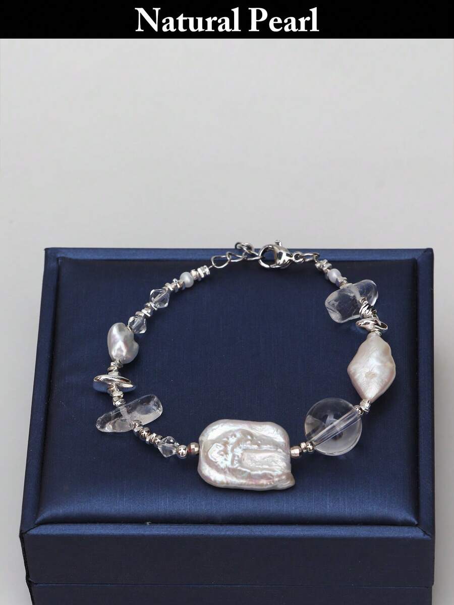 1pc Fashionable Pearl Bracelet, Natural Baroque Pearl Bracelet, Freshwater Cultured Irregular Pearl Bracelet, Women's Daily Wear, Party, Wedding, Holiday Gift Box - A - View 1