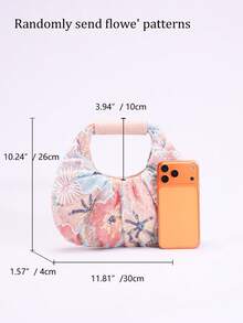 1pc Colorful Sequin Contrast Mesh Floral Embroidery Cloud Design Pleated Niche Linen Tote Bag, Fashion Summer Beach Vacation Style Handbag (Floral Pattern Randomly Sent) - Pink - View 3