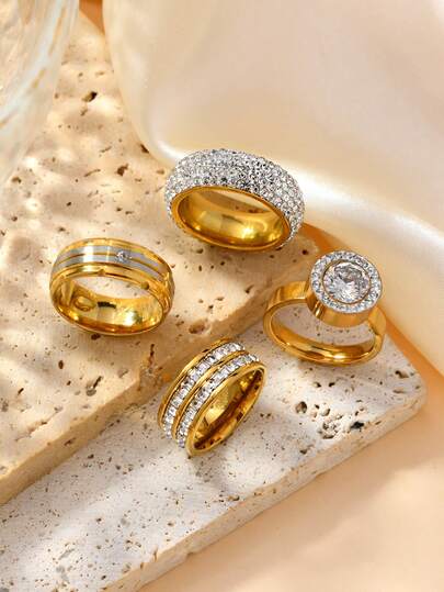4pcs Elegant Stainless Steel 18K Gold Plated CZ Diamond Rings, Suitable For Daily Wear, Engagement, Wedding Jewelry Gift