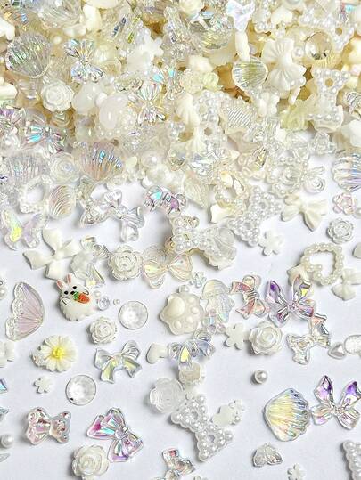 50Pcs Random Mixed ABS Milky White Cartoon Nail Charms Bows Hearts Flowers Shells Starfish Rabbit Cute Nail Art Accessories DIY