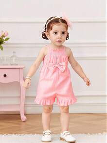 Bộ áo liền quần màu hồng thắt nơ cho bé gái, chất liệu cotton, kiểu dáng công chúa, khoét lỗ, dây đeo xếp ly, phong cách mùa hè. - Màu Hồng  San hô - Xem 8