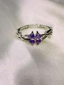 1枚时尚简约不锈钢紫色锆石四叶花戒指，百搭新款，镶嵌水钻，可调节开口设计，精致小众高端戒指 - 紫色四瓣花戒指 - 查看 5