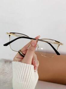 1 par de gafas de mujer con marco de metal y lentes transparentes, con forma de ojo de gato, diseño versátil, accesorio de gafas transparentes - oro negro - Ver 8