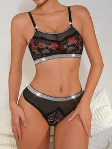 女士蕾丝唇形浪漫奢华舒适内衣套装 - 黑色 - 查看 1