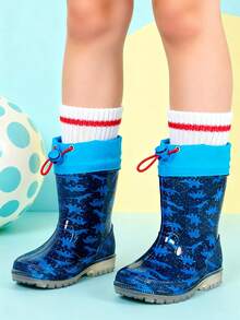 Children's Colorful Printed PVC Rain Boots With Drawstring Cuffs, Cute Cartoon Pattern Design - Royal Blue - View 2