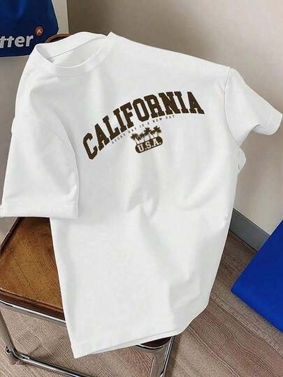 Camiseta redonda de manga corta casual minimalista de hombre, talla estándar, con estampado de "California" en color caqui, apta para el verano (tela)