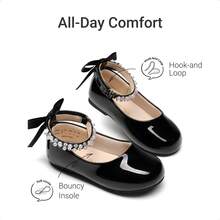 Girls Mary Jane Flats Dress Shoes For Toddler & Little Kid – Bowknot & Pearl Ankle Strap Satin Ballet Flats For Wedding Party - 黑色 - 查看 4