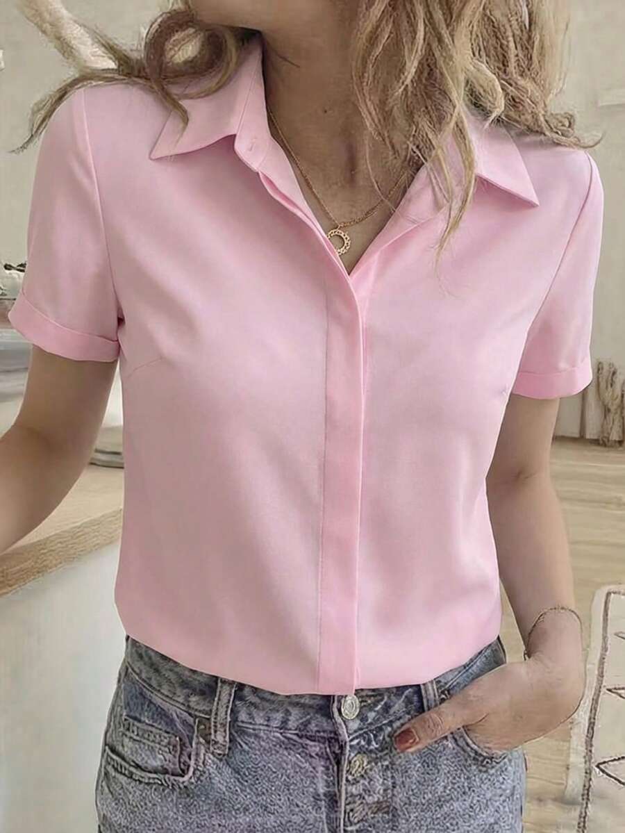1pc Women's Solid Color Woven Fabric Button-Up Casual Shirt, Versatile For Office And Daily Wear, Casual Blouses For Women's Shirt,Going Out Top,Spring/Summer Pink - Pink - View 1