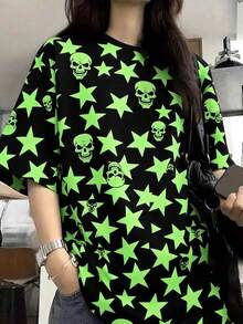 Women's Punk Gothic Style Black Loose Short Sleeve T-Shirt, Neon Green Star & Skull Print, Casual Party Wear, Women's Round Neck Tee Top, Spring/Summer - Multicolor - View 3