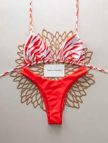 Bộ 2 áo tắm bikini nữ họa tiết da báo màu trơn, hở lưng, gợi cảm, thích hợp cho bãi biển, khu nghỉ dưỡng, sân khấu và buổi hòa nhạc trong kỳ nghỉ hè. - trái cam - Xem 2