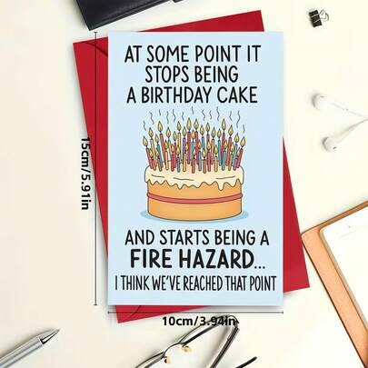 1 tấm thiệp chúc mừng sinh nhật người lớn hài hước, với hình ảnh bánh kem dễ cháy, thích hợp cho các bữa tiệc sinh nhật và lễ kỷ niệm với bạn bè, gia đình, đồng nghiệp.