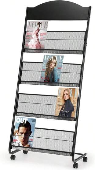 Soporte de suelo Granville para folletos y revistas, expositor de folletos, soporte para 4 revistas/periódicos con 4 ruedas (2 con bloqueo), color negro