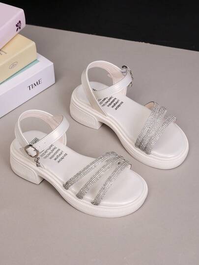 1 đôi sandal thời trang cho bé gái, kiểu dáng hở mũi, quai ngang, đính đá PU, khóa dán kim loại, thích hợp cho hoạt động ngoài trời mùa hè, mặc hàng ngày, dự đám cưới.