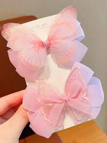 2pcs Teenage Mesh Butterfly Ribbon Hair Clips, Random Packaging (No Card Paper) - Pink - View 6
