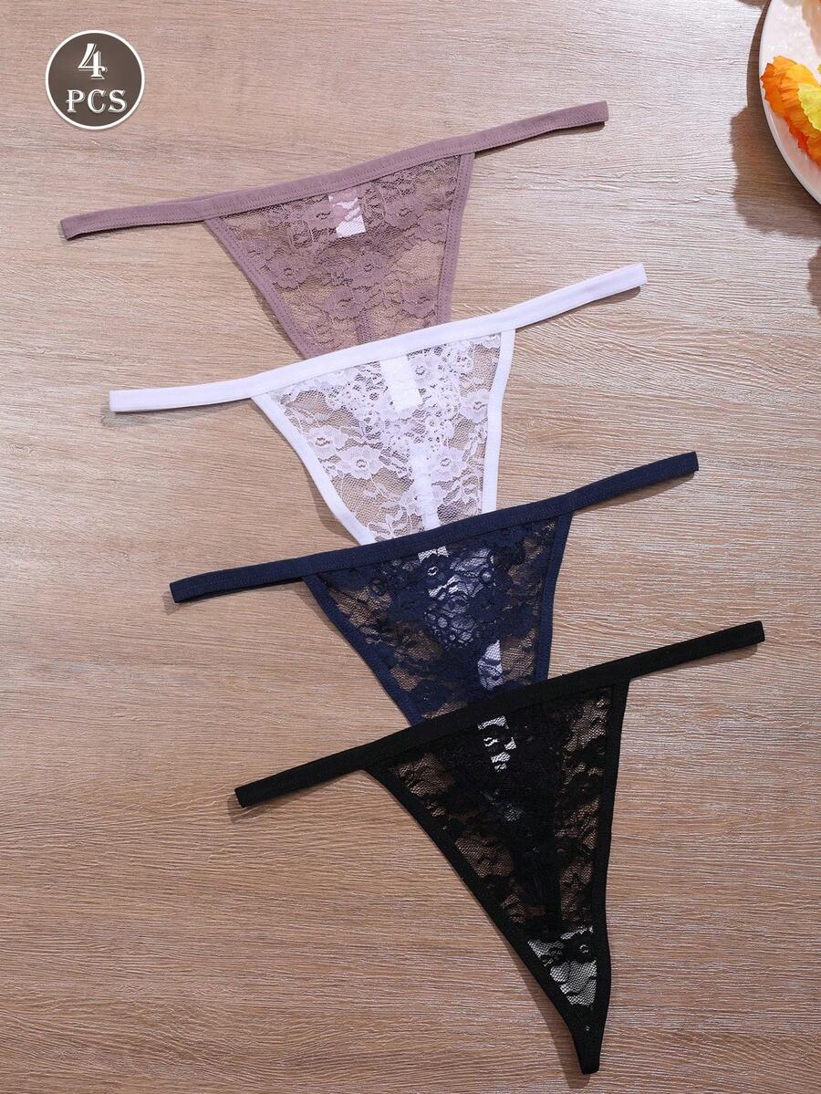 4pcs Women's Lace Comfortable Thong Panties - Multicolor - View 1