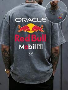 Men's Pattern T-Shirt Men's Heavy Weight In Spring And Summer 230g Vintage Washed Cotton Casual Short-Sleeved T-Shirt, RedBull Team Logo Shirt With Unlimited Image, F1 Theme Prints, Old Black Washed Texture To Adapt To Daily Wear, Unlimited Elements Superimposed Team Design, Easy To Hold The Racing Hardcore Style. - 灰色 - 查看 1