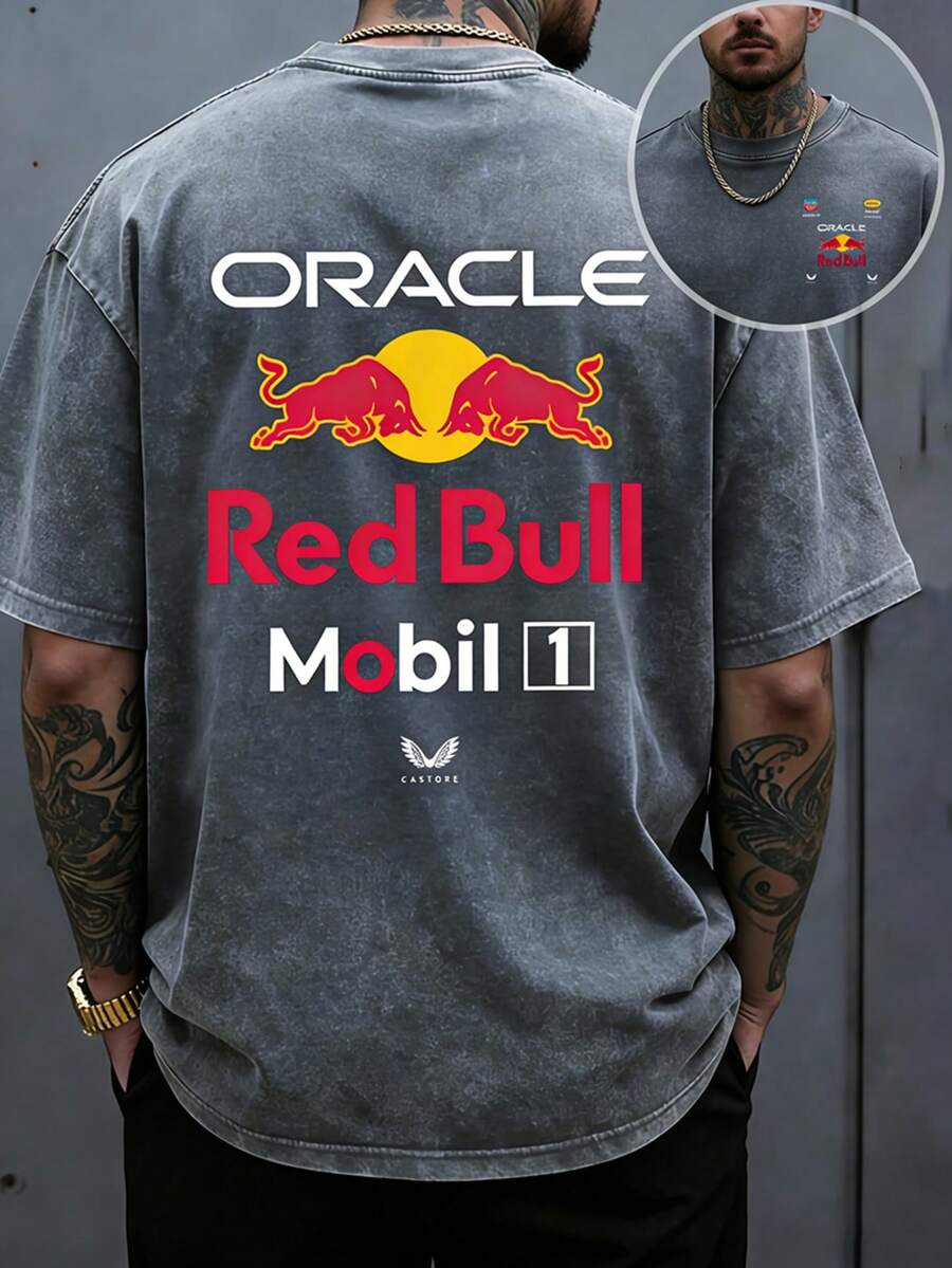 Men's Pattern T-Shirt Men's Heavy Weight In Spring And Summer 230g Vintage Washed Cotton Casual Short-Sleeved T-Shirt, RedBull Team Logo Shirt With Unlimited Image, F1 Theme Prints, Old Black Washed Texture To Adapt To Daily Wear, Unlimited Elements Superimposed Team Design, Easy To Hold The Racing Hardcore Style. - 灰色 - 查看 1