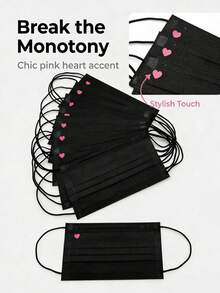 Black 3-Layer Non-Woven Face Mask With Heart Print, Fashionable Disposable Protective Mask For Daily Use, 10pcs - Black - View 6